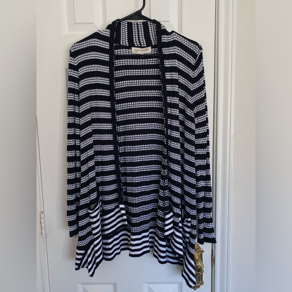 Jones New York Sport Cardigan Sweater Knit Striped‎ Open Front Black White  M - Picture 2 of 8